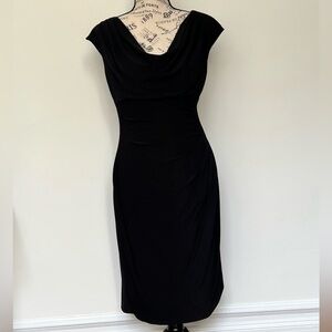 Elegant black dress, cowl neck, ruched on one side.